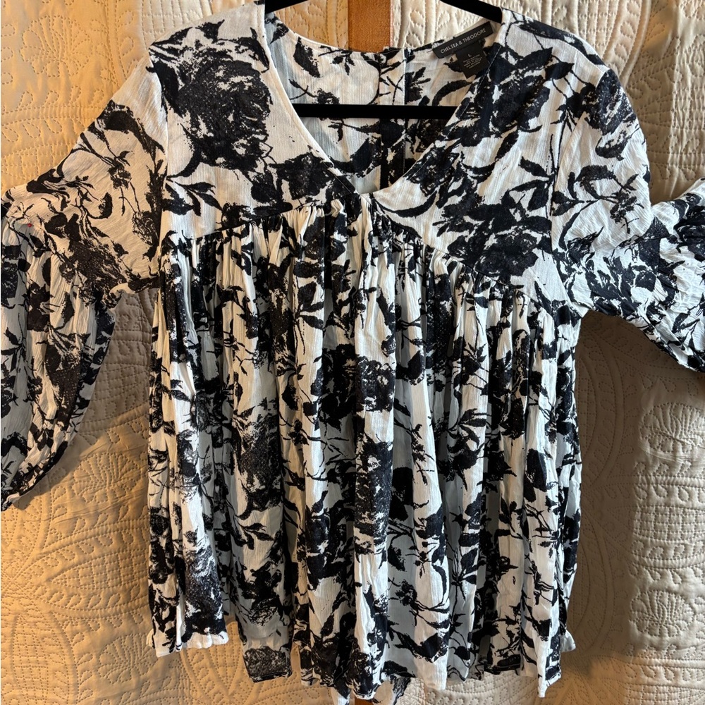 Chelsea & Theodore Black and White Ruffled Blouse with Peter Pan Collar